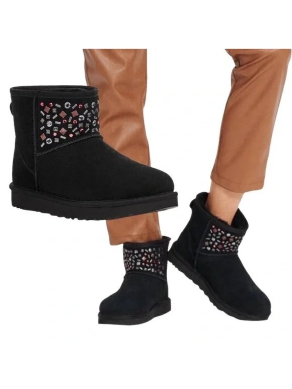 UGG Women's Black Suede Sheepskin Cristal Classic Mini II Stud Boots Size 5 1345 - Picture 2 of 14